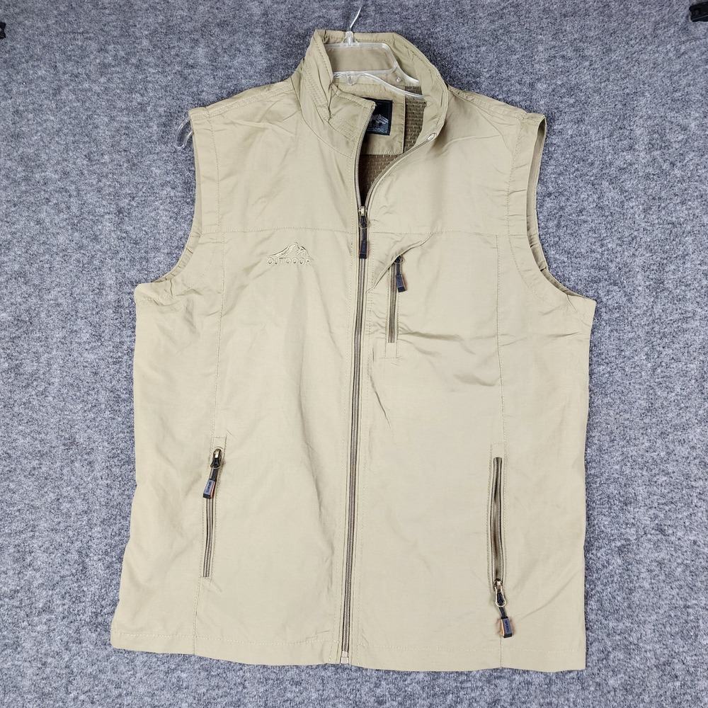 Outdoor Utility Vest Mens XL Tan Full Zip Mesh Lined Multi Pocket Gorpcore